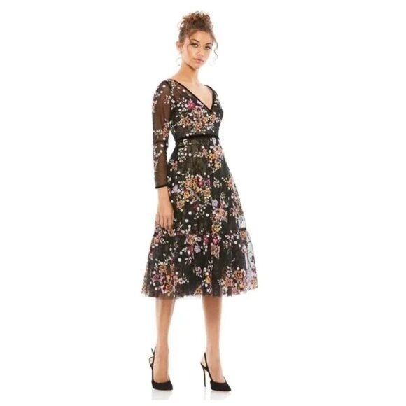 Mac Duggal Dresses & Skirts - Mac Duggal 67499 Floral Lace & Sequin Long Sleeve Tulle Tea Length Dress 4 NWT